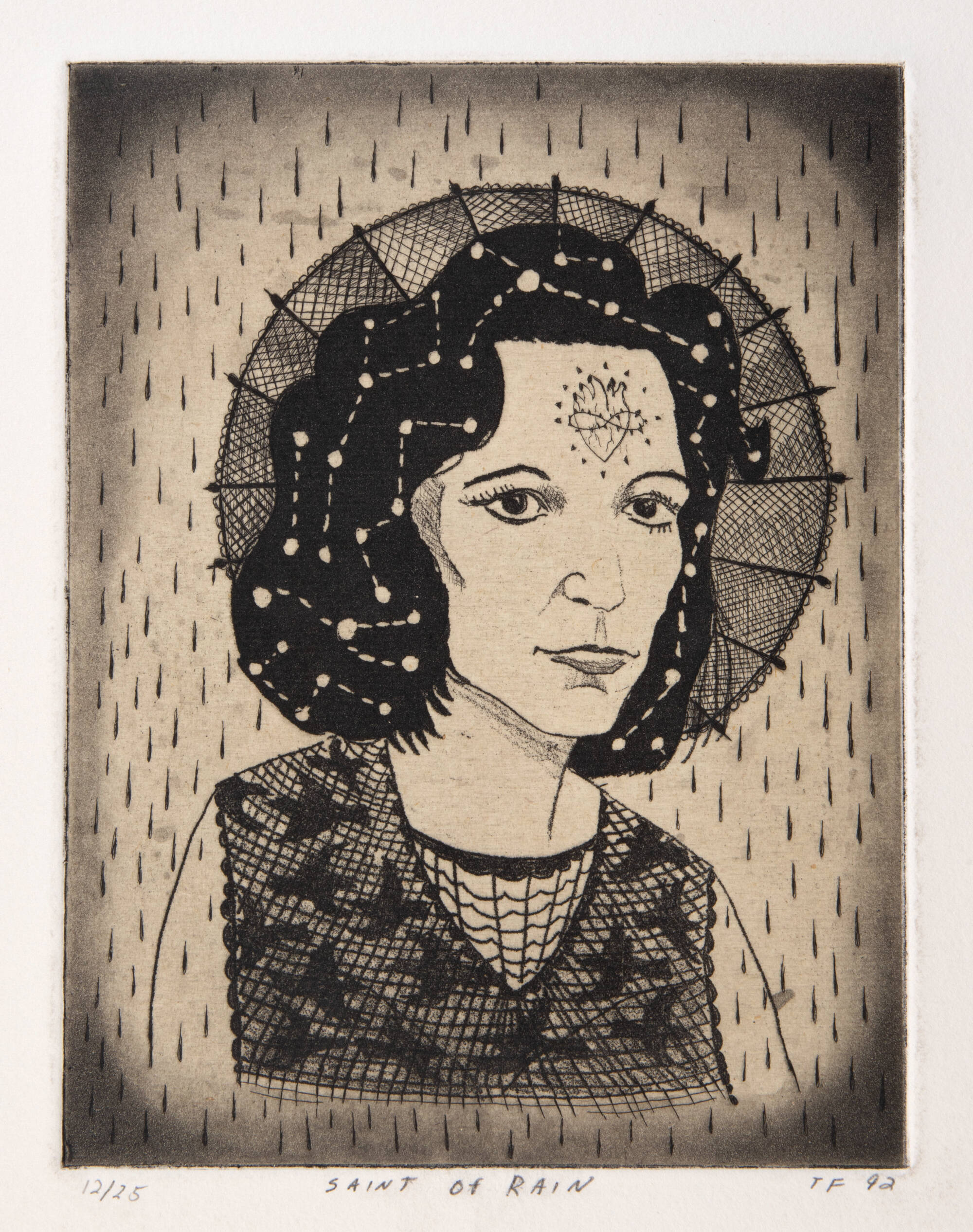 Black and white image of a woman with dark hair with a constellation, a hat behind her, and bird on the vest she is wearing. Rain drops throughout the image.